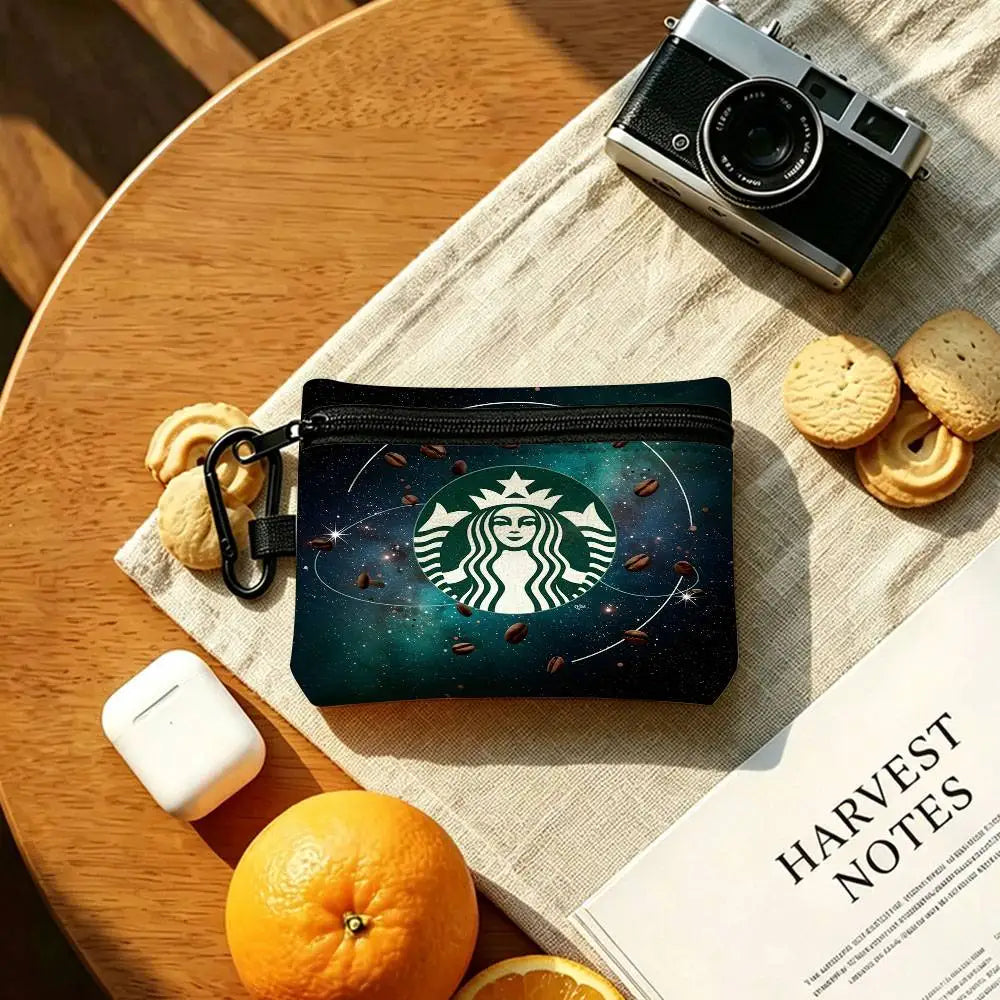 Cool S-Starbucks LOGO Mini Hanging Oxford Cloth Coin Bag Durable Zipper Key Card Pouch With Carabiner