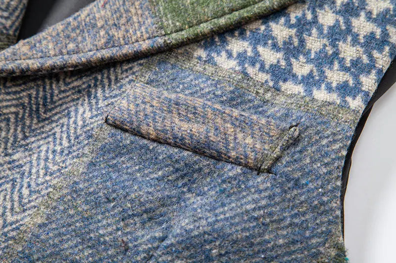 Men's Fashionable Retro Patchwork Collarless Plaid Vest Autumn Winter European Size Slim Fit Single Button Casual Youth Trend