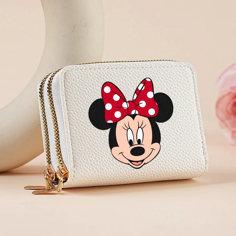 Mickey Minnie Women's Double Zipper Wallet Lychee Pattern Fashion Short Credit Card Holder with Large Capacity Coin Purse