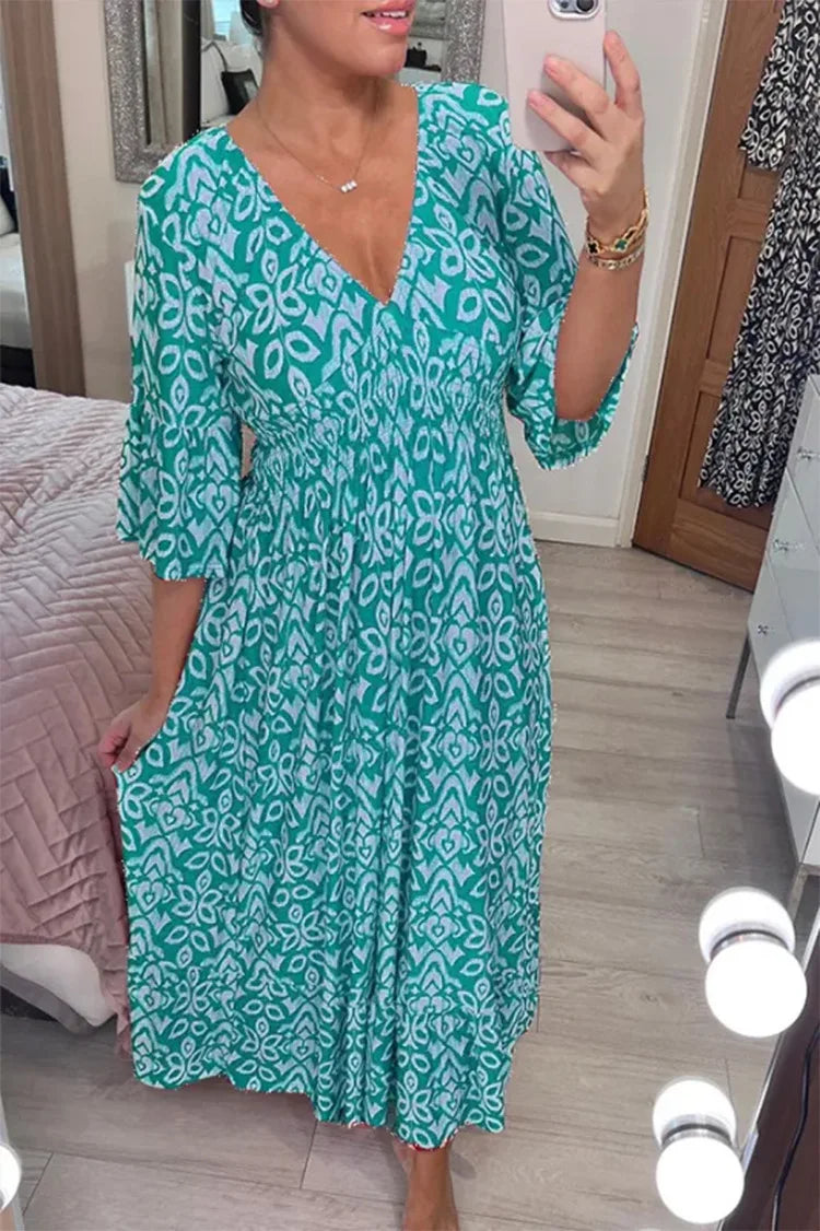 Sexy V Neck Half Sleeve Butterfly Floral Print Maxi Long Dress Summer Female Tunic Elastic Waist Loose Holiday Party Dresses