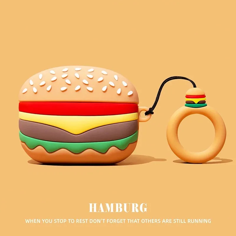 For AirPods 4 3 2 1 Pro Pro2 Earphone Case 3D French Fries Hamburger Silicone Protective Headphone Box With Pendant Cover