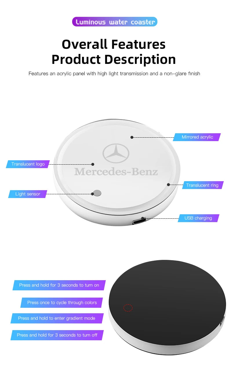 Car Glowing Coasters LED Light Water Cup Mat For Mercedes Benz AMG W203 W206 W220 W205 W211 Car USB Charging Coasters keychain