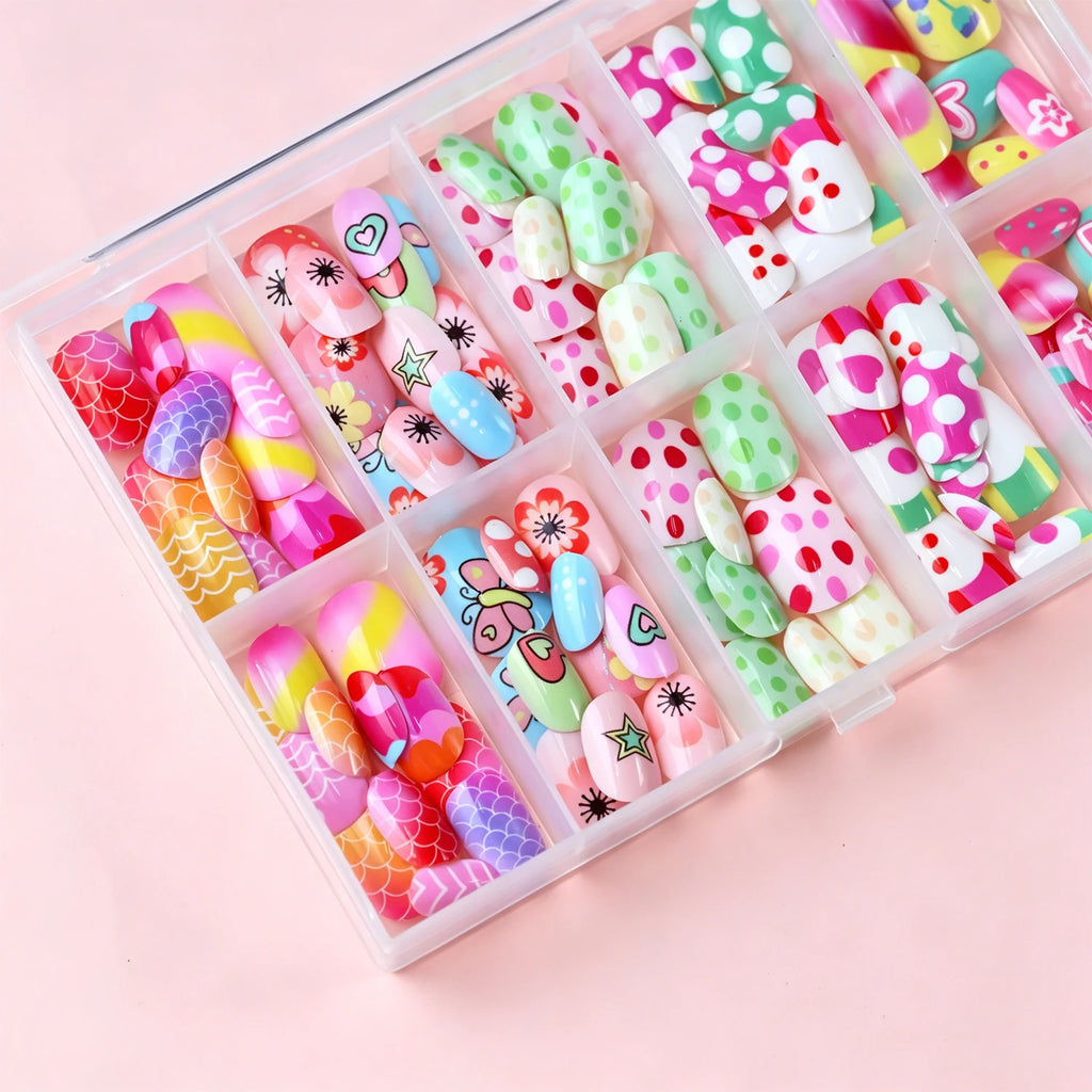 120pcs Square Round Flower Polka Dots Child False Nails Candy Color Mermaid Fish Scales Kids Press On Nails Pink Wearable Nails