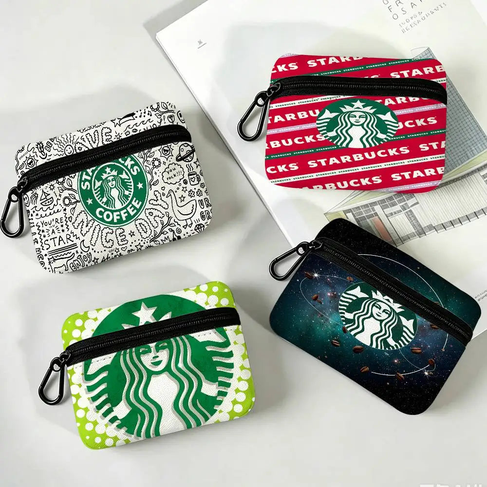 Cool S-Starbucks LOGO Mini Hanging Oxford Cloth Coin Bag Durable Zipper Key Card Pouch With Carabiner
