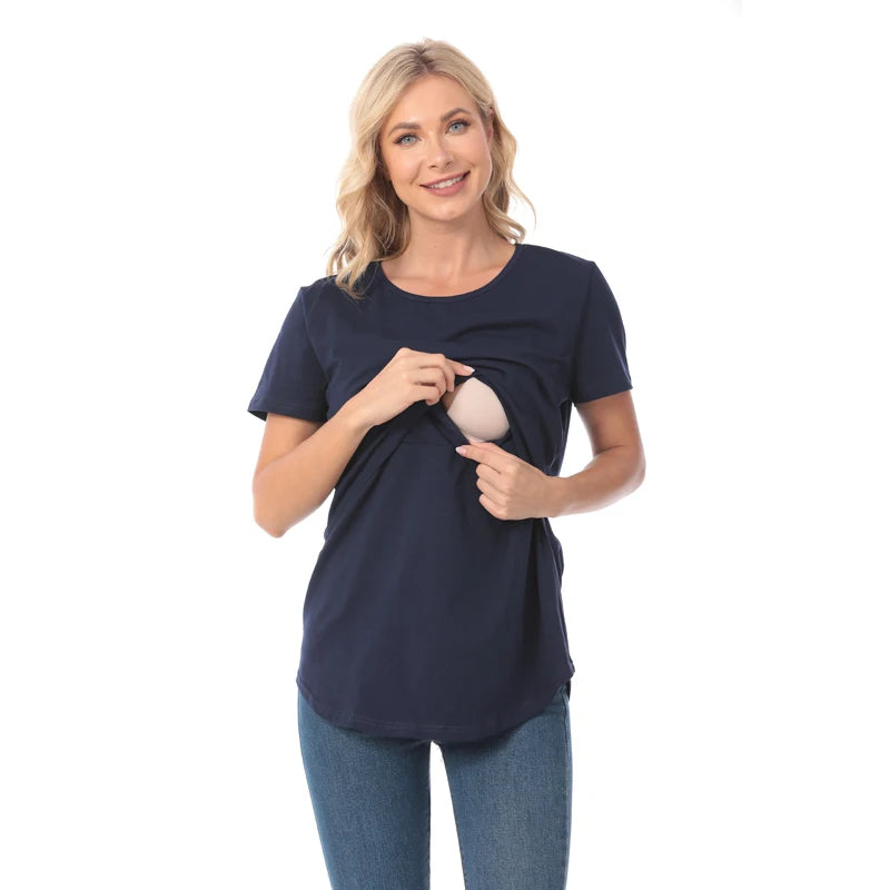 Plus Size Maternity T-Shirt Short Sleeve Stretch Cotton Breastfeeding Tees Loose Nursing Tops for Pregnant Women