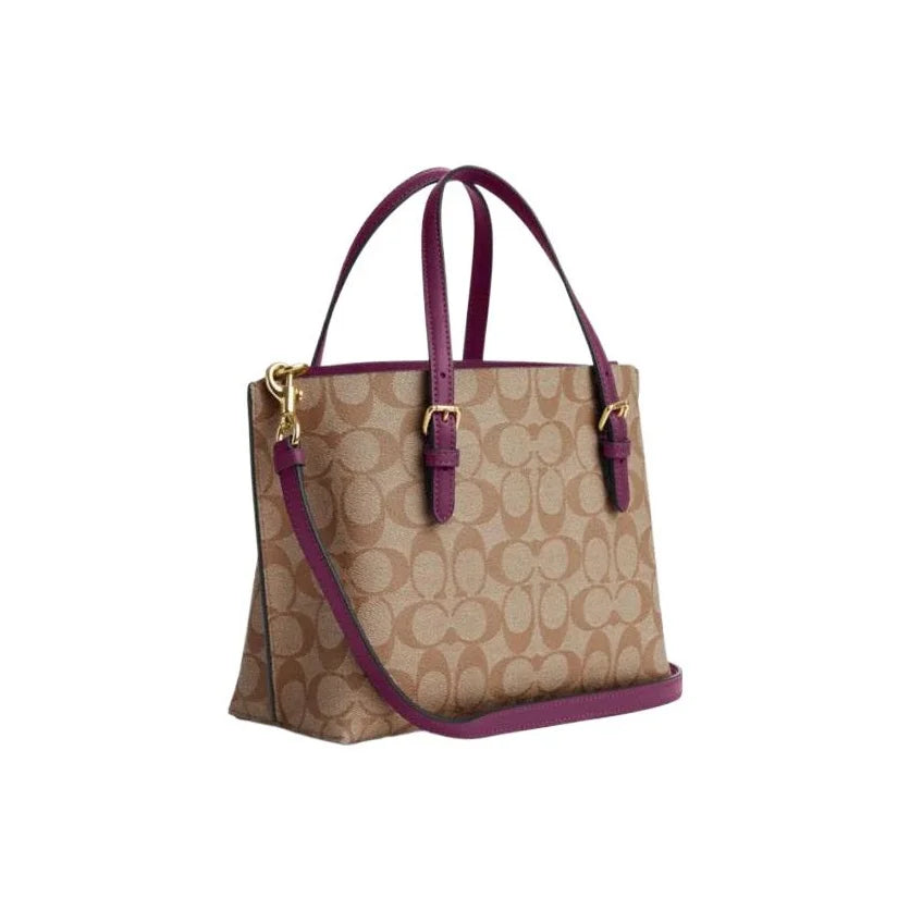 COACH Mollie Coated Canvas With Leather Tote Bag, Shopping Bag, Handbag Medium Women's Khaki & Boysenberry C4250-IMRSF