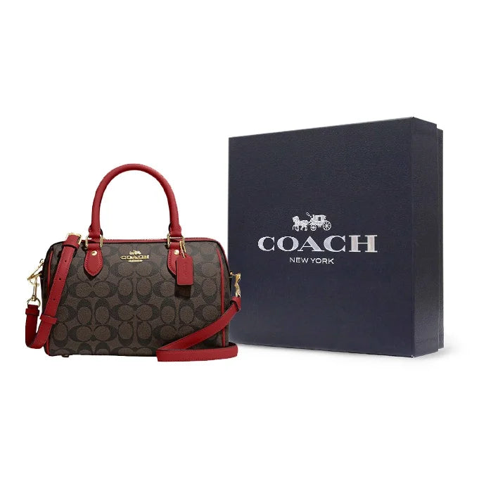 COACH Rowan Coated Canvas With Leather Handbag, Shoulder Bag, Crossbody Bag Medium Women's Brown & Red CH280-IMRVQ