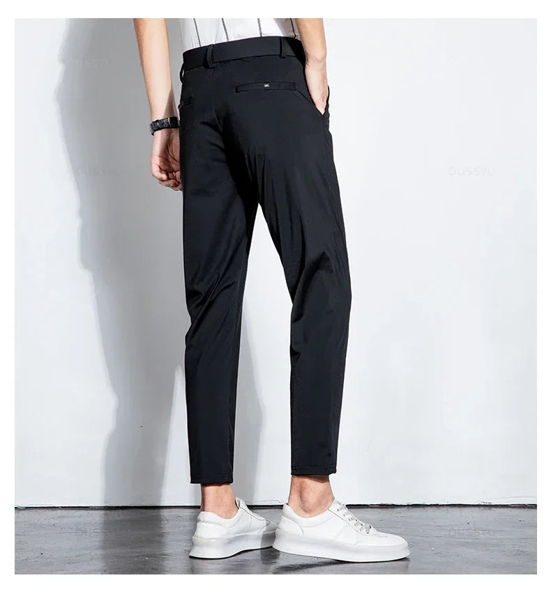 Summer Stretch Suit Pants Men Thin Business Solid Color Slim Ankle-Length Casual Formal Office Trousers