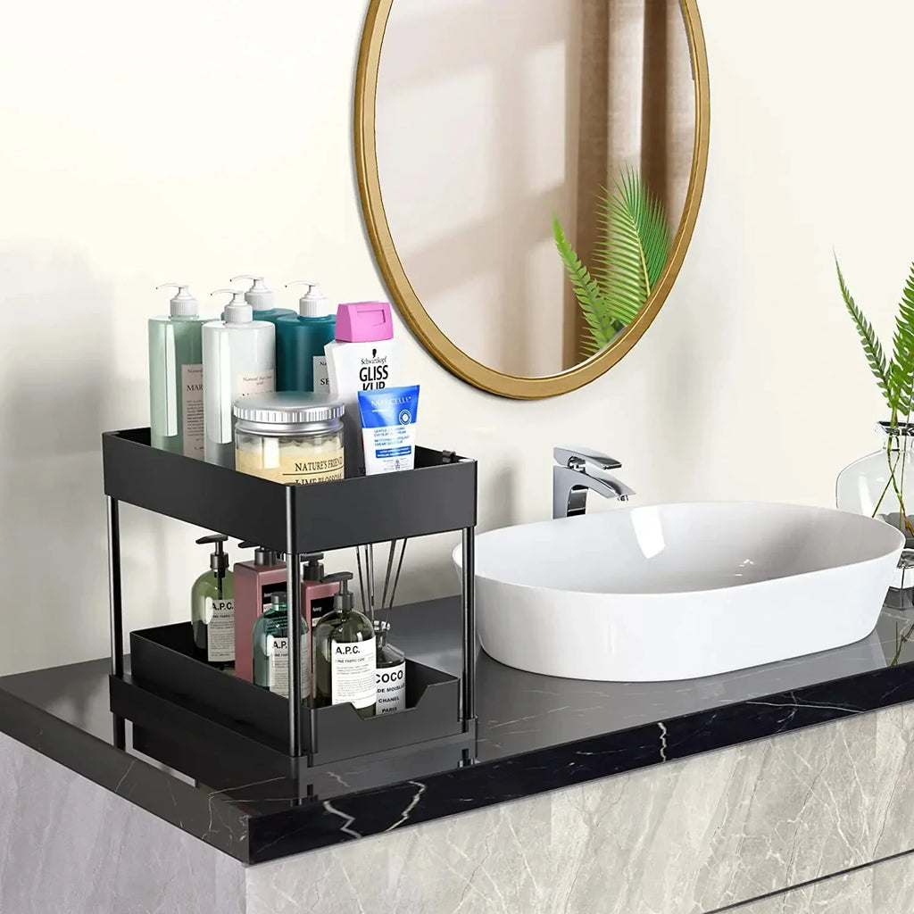2 Tier Under Sink Organizer Sliding Cabinet Basket Organizer Storage Rack with Hooks Hanging Cup Bathroom Kitchen Organizer