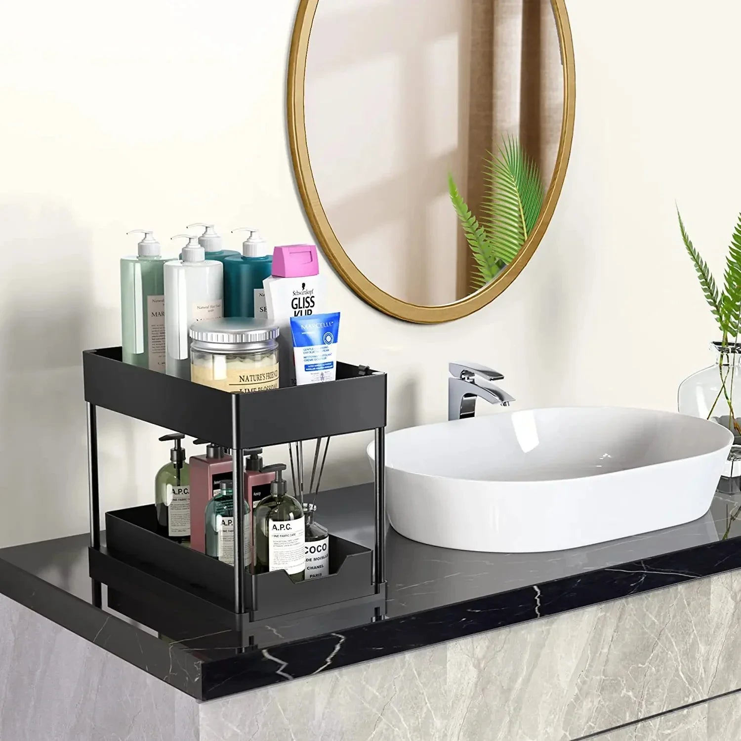 2 Tier Under Sink Organizer Sliding Cabinet Basket Organizer Storage Rack with Hooks Hanging Cup Bathroom Kitchen Organizer