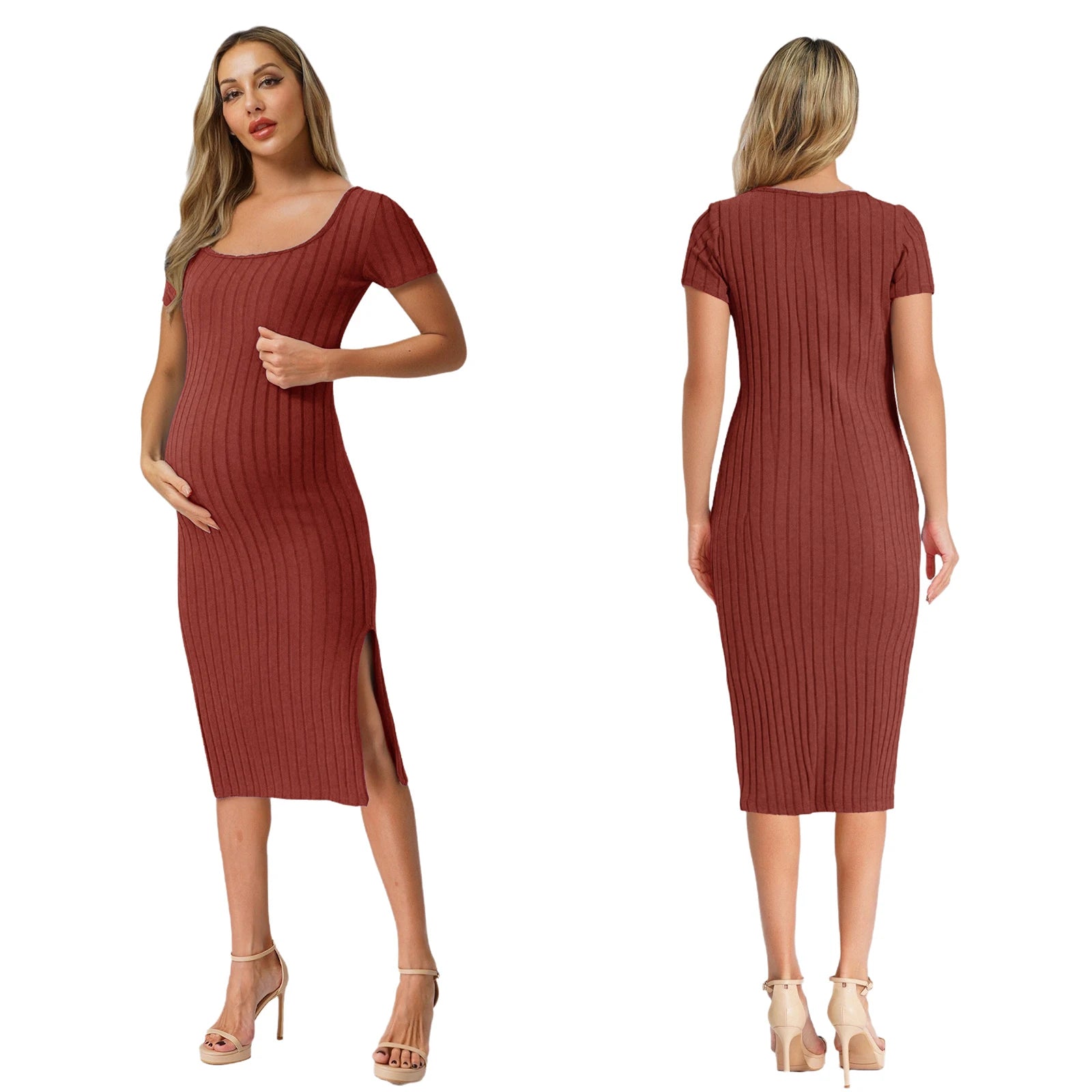 Elegant Maternity Knitted Dress Solid Color Short Sleeve Split Dresses Pregnancy Women Clothes Wedding Party Casual Daily Wear