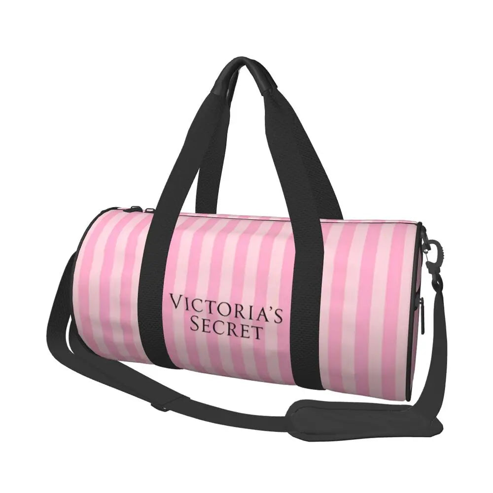 Pink White Stripe Round Capacity Travel Duffel Bag Male Female Large-Capacity Hand Luggage Sports Fitness Bag Travel Package