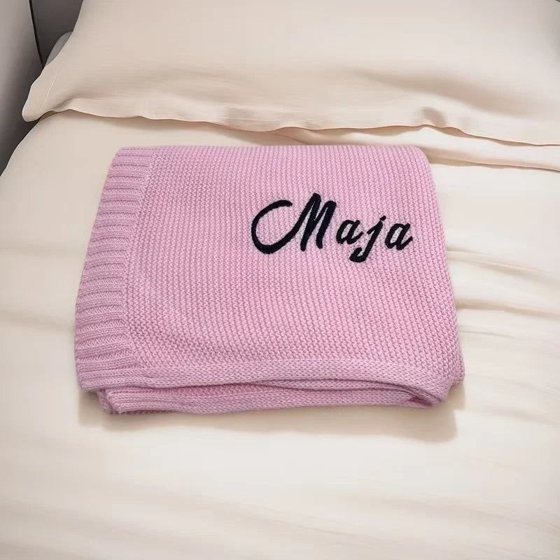 Personalized Embroidered Name Knitted Cotton Blanket Stroller Cover Kids Nap Blanket for Newborn Baby Shower Gift