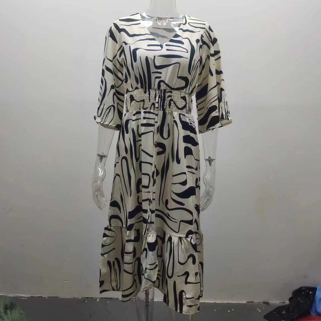 Boho Spring Summer Cotton Long Dress Printed Elegant Women Dresses Elastic Waist Vestidos Female Casual Half Sleeve A-line Dress