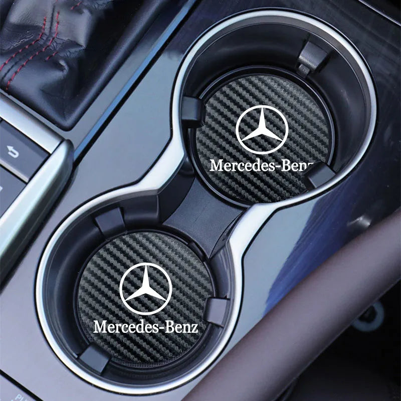 2Pcs Car Emblem Cup Trough Mat Carbon Fiber Leather Cup Pad For Mercedes Benz AMG W177 W176 X166 X167 C257 C218 X253 C118 C117