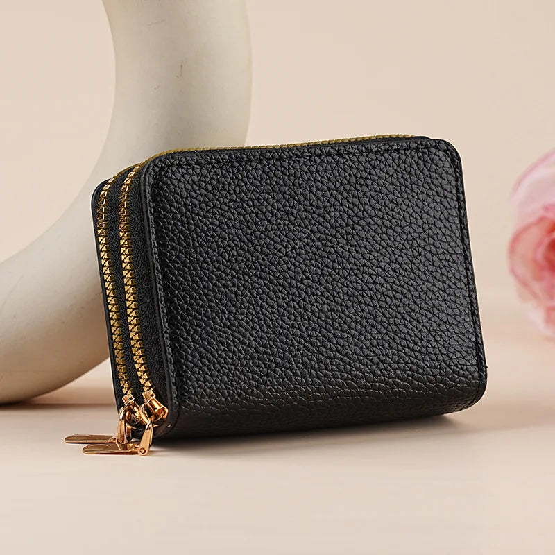 Mickey Minnie Women's Double Zipper Wallet Lychee Pattern Fashion Short Credit Card Holder with Large Capacity Coin Purse