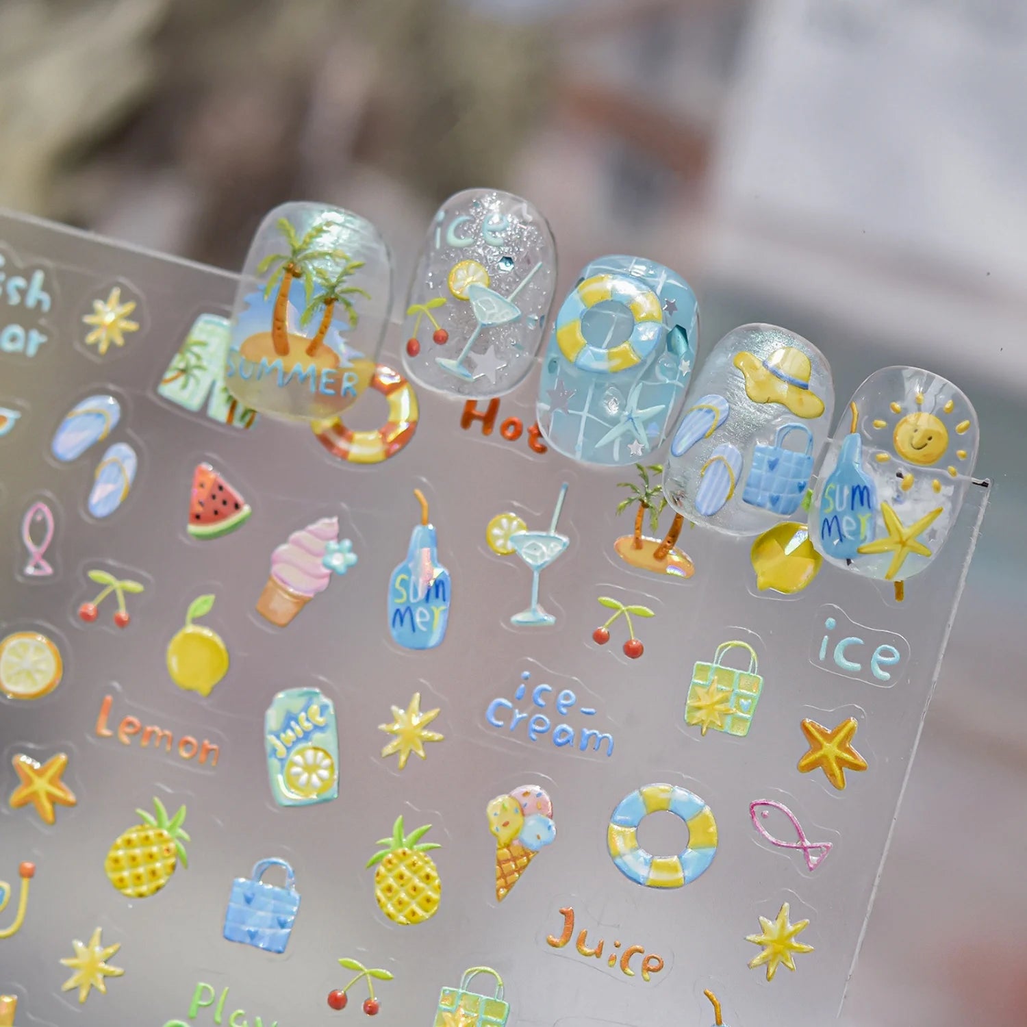 5D Fresh Summer Vacation Nail Sticker Coconut Tree Tropical Fruit Ice Cream Swim Ring Sunglasses Seaside Holiday Nail Art Decal