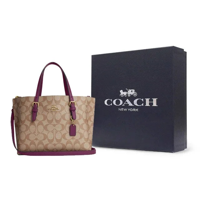 COACH Mollie Coated Canvas With Leather Tote Bag, Shopping Bag, Handbag Medium Women's Khaki & Boysenberry C4250-IMRSF