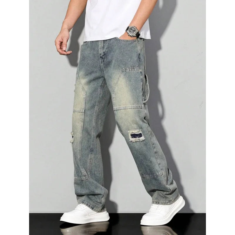 Men's Casual Denim Jeans Spring Autumn Winter Straight Leg Loose Fit Long Pants Double Belt Hole Pocket Daily Wear