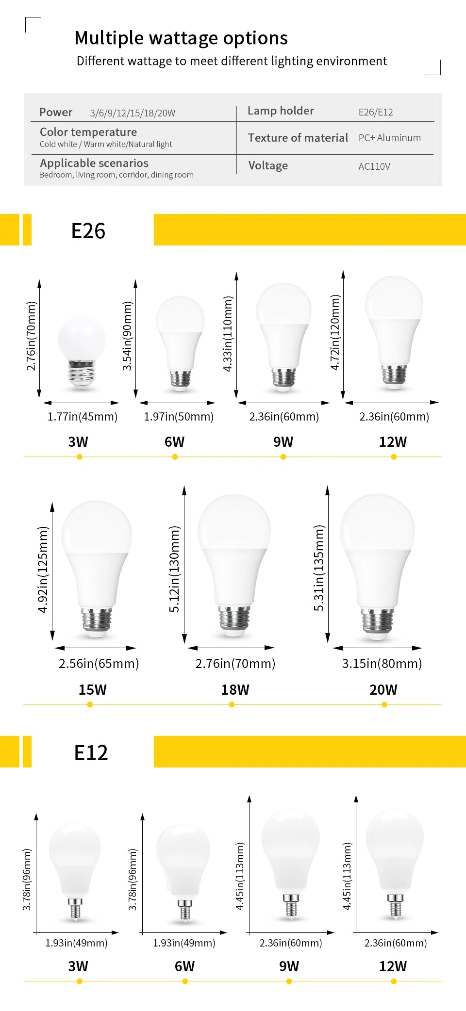 6pcs E26 E12 LED Bulb 20W 18W 15W 12W 9W 6W 3W Lampada LED Light AC 110V Bombilla Lighting Cold/Warm White Lamp For Home