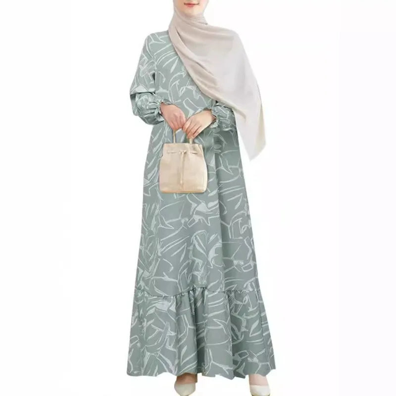 Muslim Women Abaya Middle East Fashion Long Sleeve Geometric Print Floral Dress