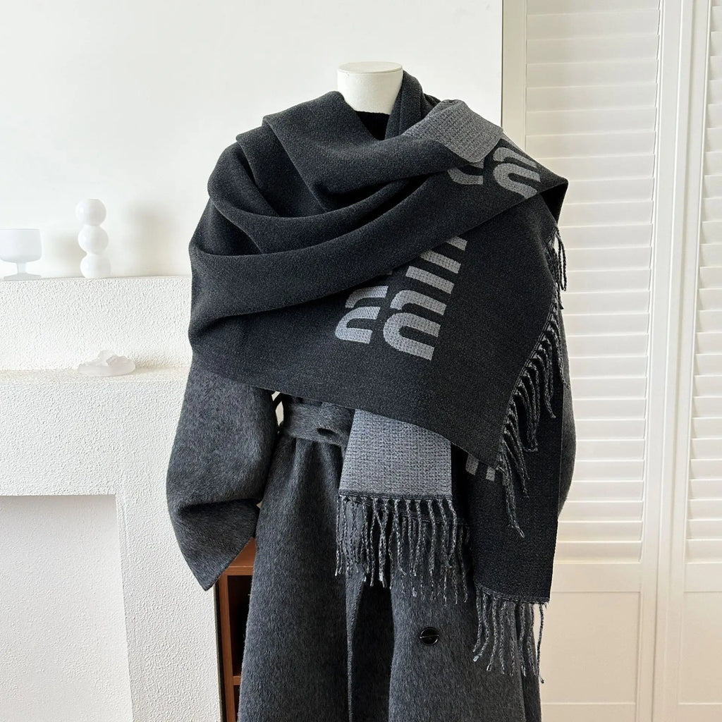Oversized Letter Print Shawl Scarf for Women Acrylic Wool Like Warm Thick Knit Wrap Scarf Blanket Scarf Versatile Fashion