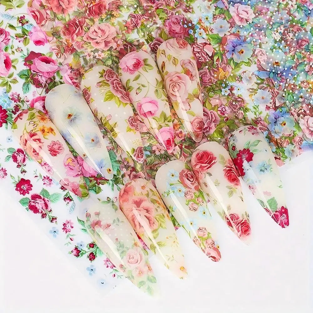 10PCS Mixed Nail Art Foils Transfer Sticker Set Rose Flower Designs Floral Starry Sky Nail Wraps Wedding Summer Manicure Decor