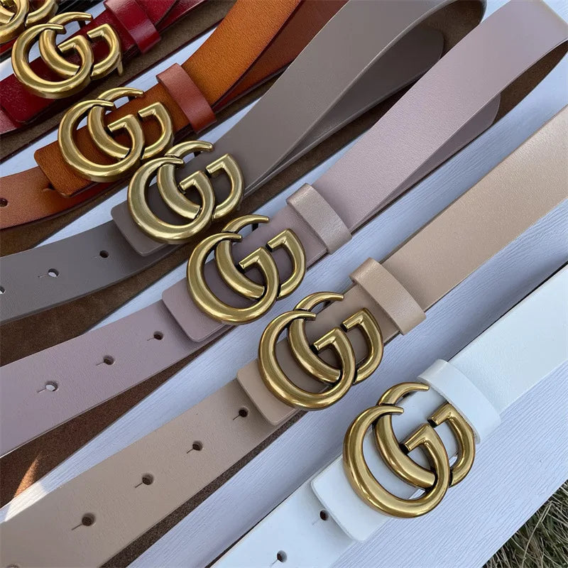 Pure Cowhide Leather Ladies Belt Antique Letter G Casual Retro Style Fashionable All-Match Width 2-4cm Alloy Buckle Fastener