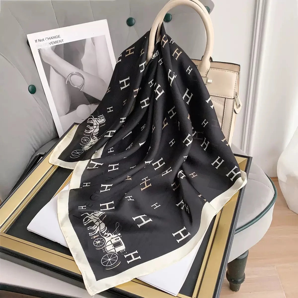 New Fashionable Silk Scarf 70cm Printed Long Rectangle Women's Versatile Decorative Fashion Neck Scarf Autumn Origin Jinhua