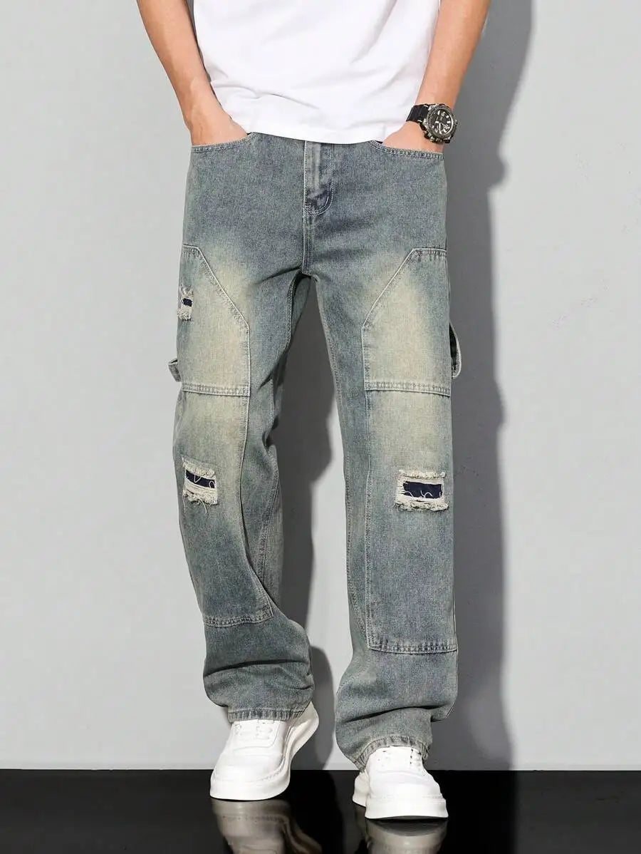 Men's Casual Denim Jeans Spring Autumn Winter Straight Leg Loose Fit Long Pants Double Belt Hole Pocket Daily Wear