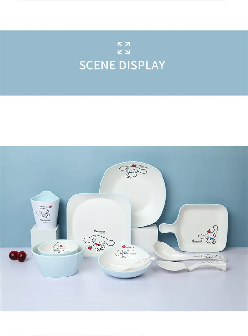 For Sanrio Cinnmoroll Children Tableware Cartoon Soup Spoons Anti-Fall Dining Plates Salad Bowls Water Cups Food-grade Tableware
