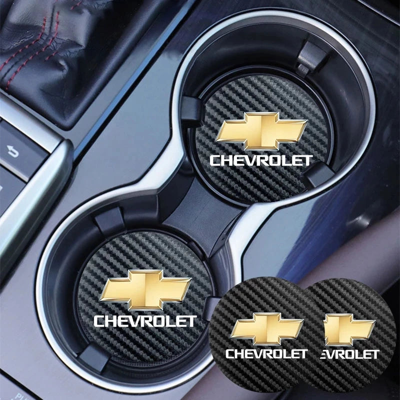 2Pcs Carbon Fiber Car Water Slot Non-Slip Cup Mat For Chevrolet Cruze Sonic Silverado Trax Camaro Captiva Equinox Trailblazer SS
