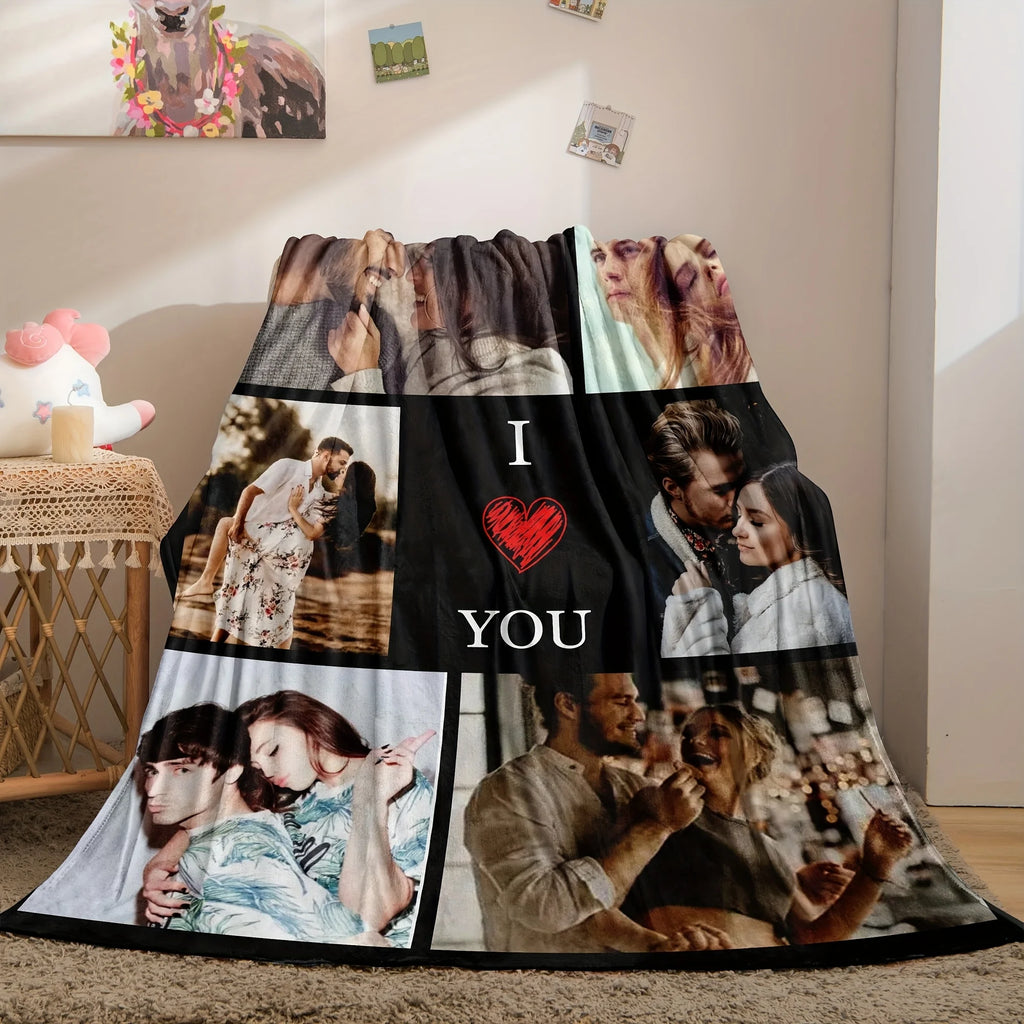 Custom Photo Blanket Personalized Valentine's Day Couple Photo Flannel Blanket Soft Warm for All Seasons Perfect for Bed Sofa