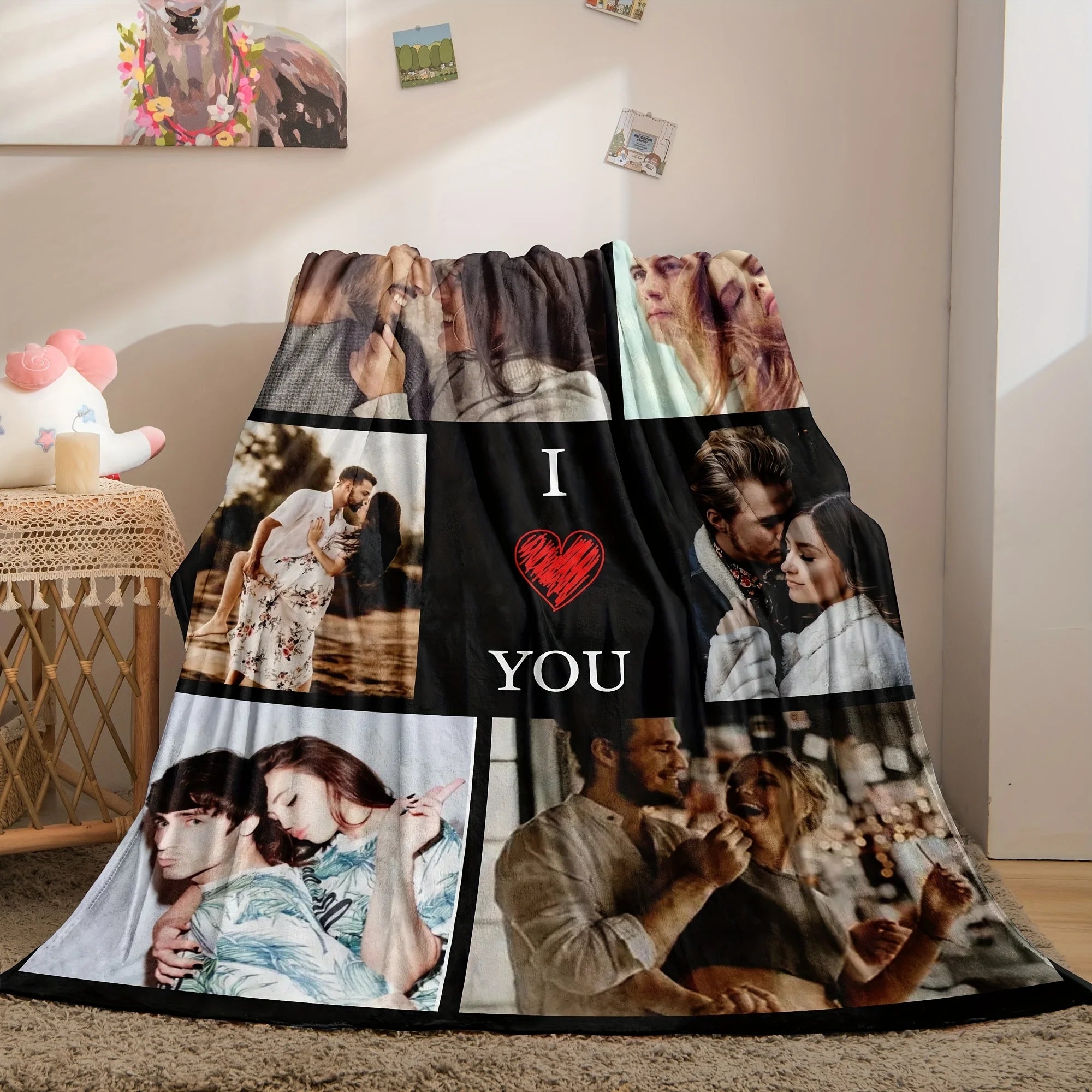 Custom Photo Blanket Personalized Valentine's Day Couple Photo Flannel Blanket Soft Warm for All Seasons Perfect for Bed Sofa