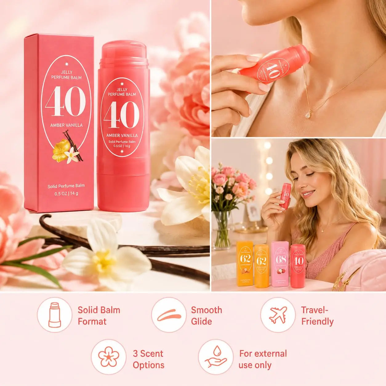 Jelly Solid Perfume Balm Set – 3 Scents Long Lasting Fresh Light Scent Portable Travel Size Deodorant Balm for Men & Women
