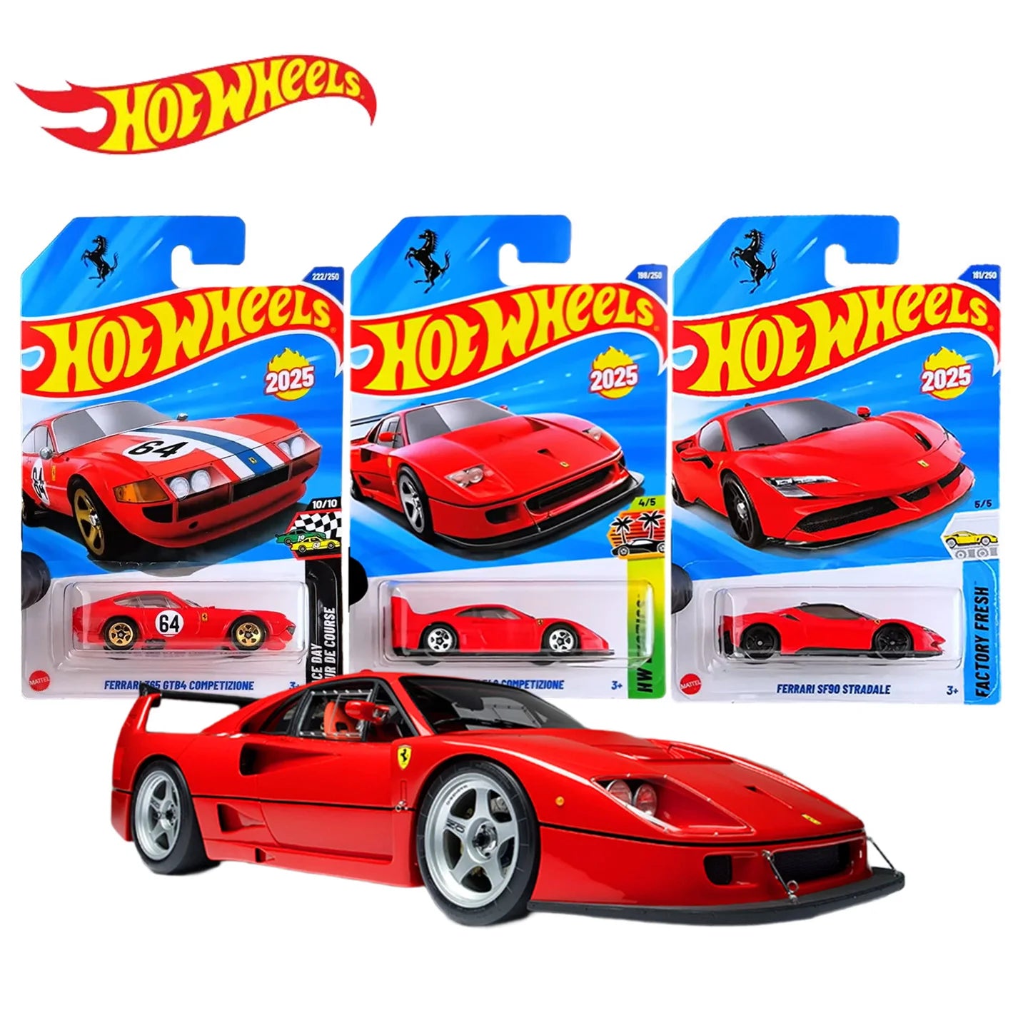 Hot Wheels 2025 C4982 Ferrari Set - Ferrari SF90/F40/365 Alloy Car Models, 1:64 Diecast Racing Cars for Collectors Kids Toys