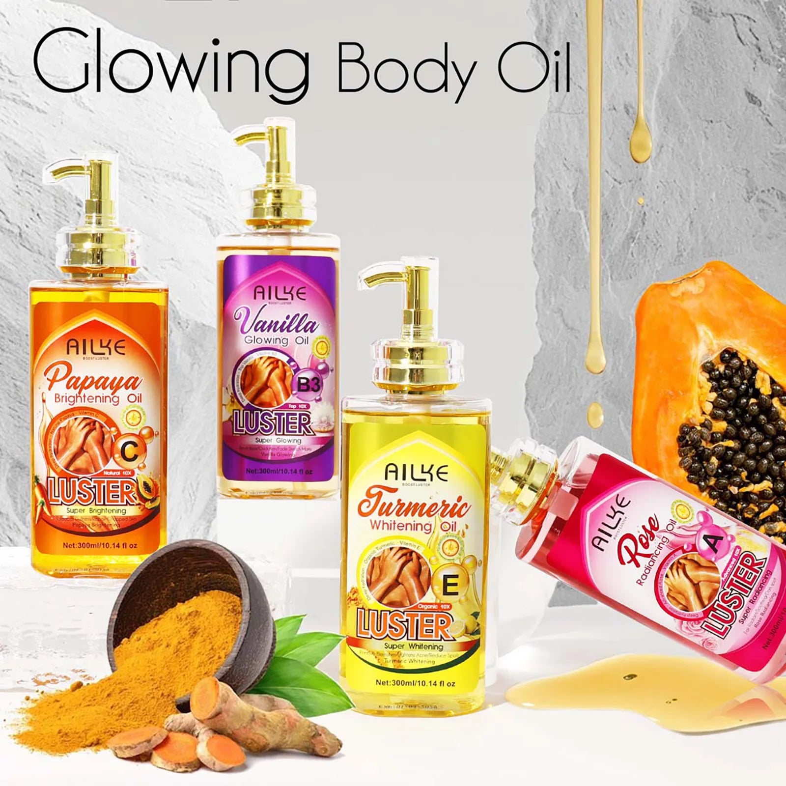 AILKE Lightening Body Massage Oil, Moisturizing, Anti Wrinkles, Dry Lines, Dark Spots Removal for All Skin Types, 300ml