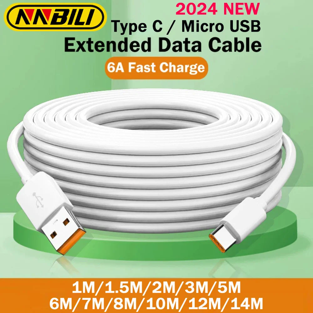 NNBILI 2024 NEW 1M-14M Extra Long Micro/Type C USB C Charge Cable for Xiaomi Huawei PS4/5 Camera VR Android Phone Universal
