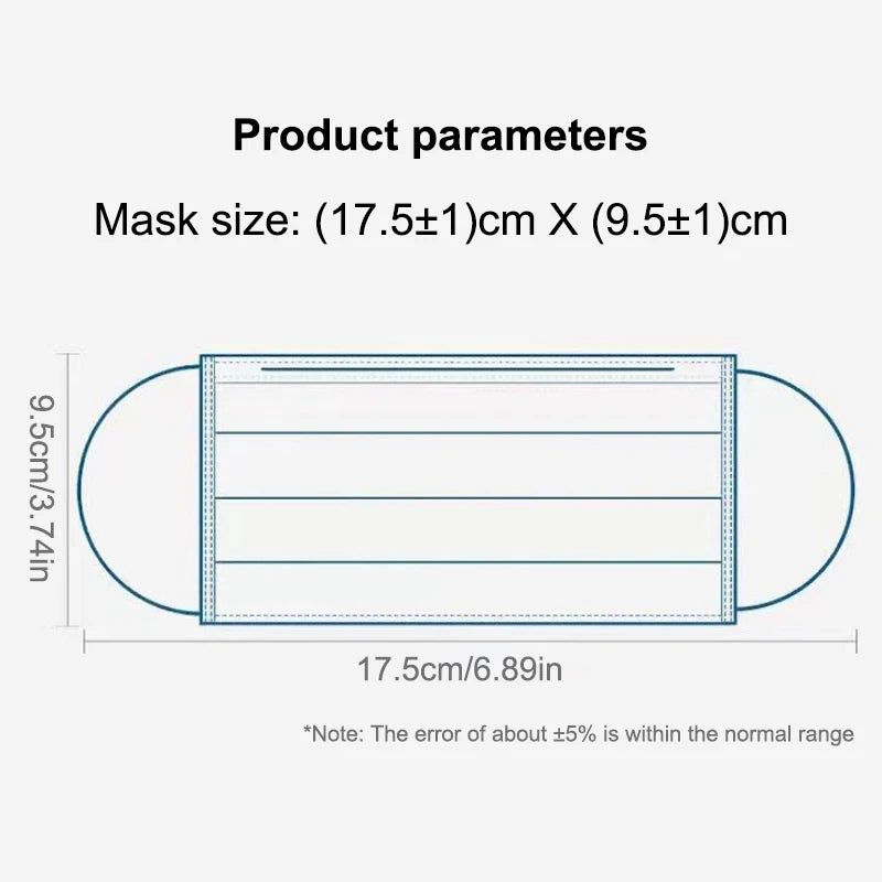 50Pcs 3-layer Mask Face Masks Melt Blown Cloth Disposable Safety Anti-Dust Protective Masks Blue Adults Non-wove Masque