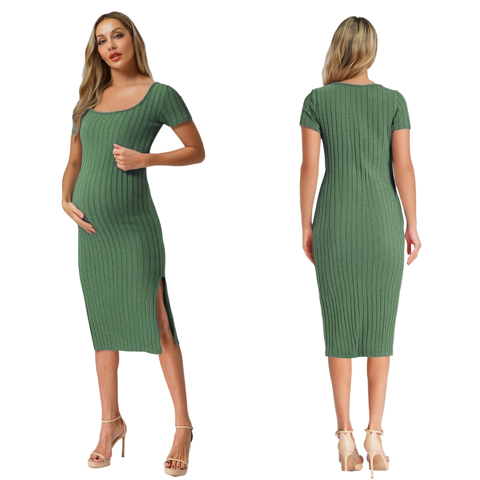 Elegant Maternity Knitted Dress Solid Color Short Sleeve Split Dresses Pregnancy Women Clothes Wedding Party Casual Daily Wear