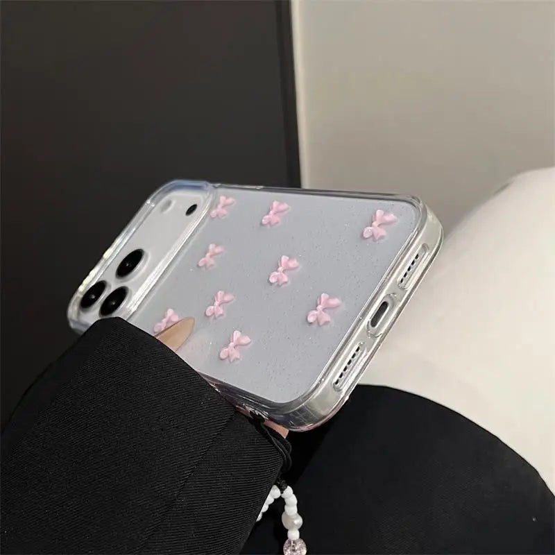 Korean Girl Pink Bowknot Phone Case For iPhone 17 Air 16 15 14 13 12 11 Pro Max 7 8 Plus X XR XS Max With Pink Bow Lanyard Cover