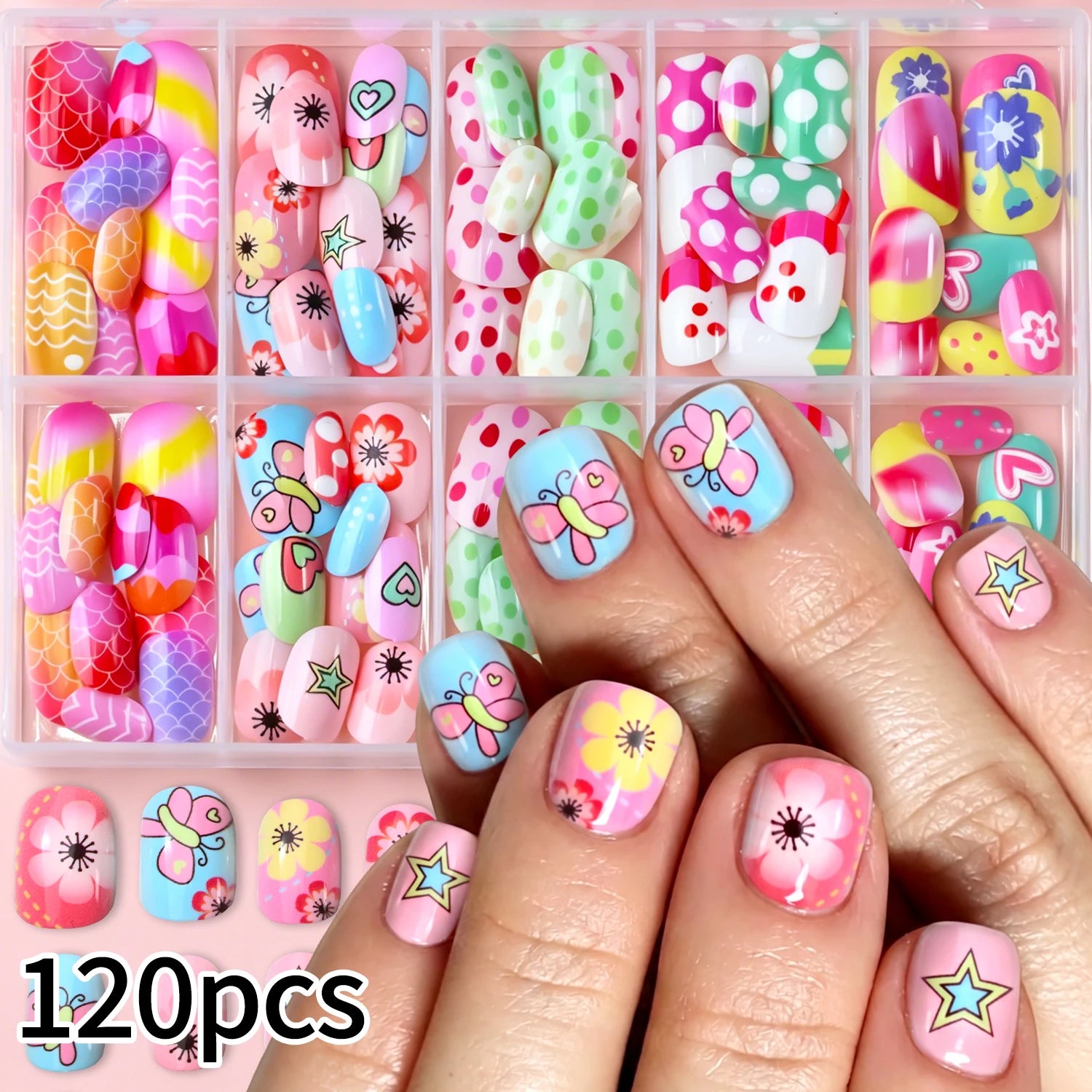 120pcs Square Round Flower Polka Dots Child False Nails Candy Color Mermaid Fish Scales Kids Press On Nails Pink Wearable Nails