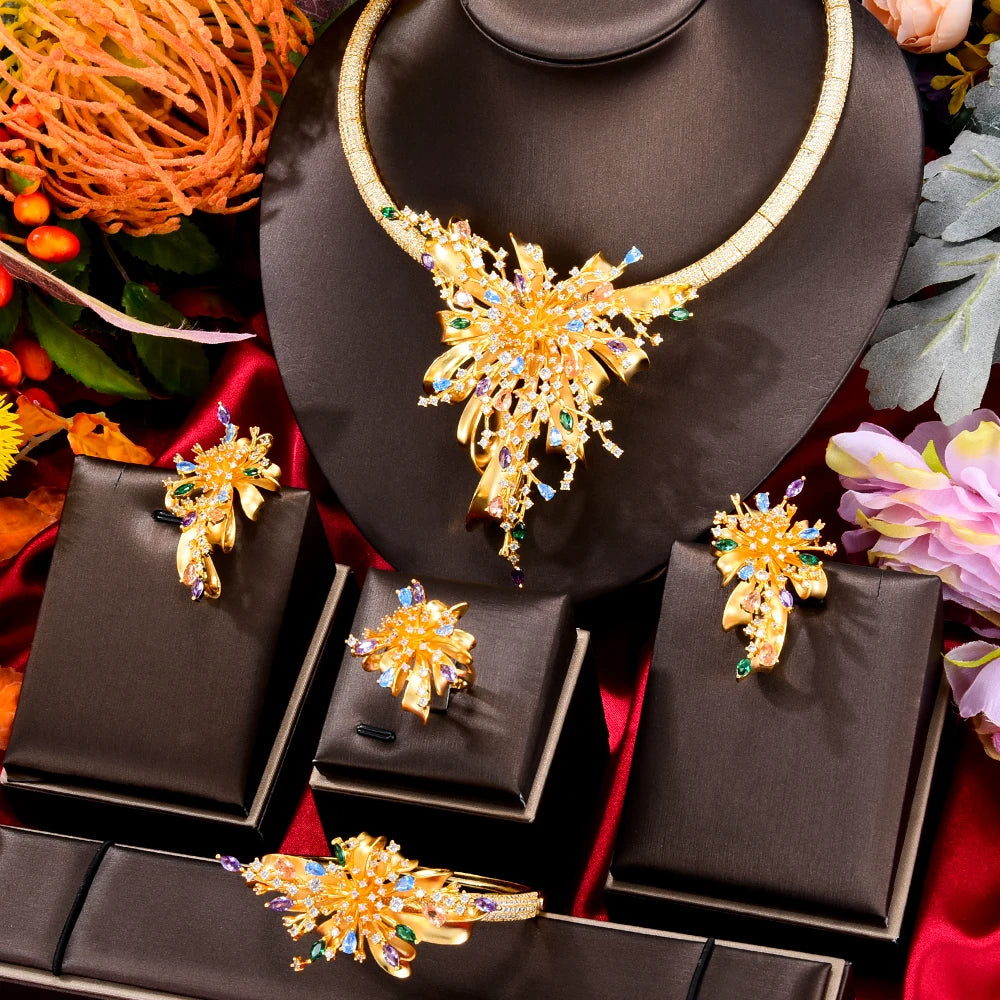 GODKI Famous Brand 4PCS Bicolor Flower African Jewelry Set For Women Wedding Party Zircon Crystal Dubai Bridal Jewelry Set Gift
