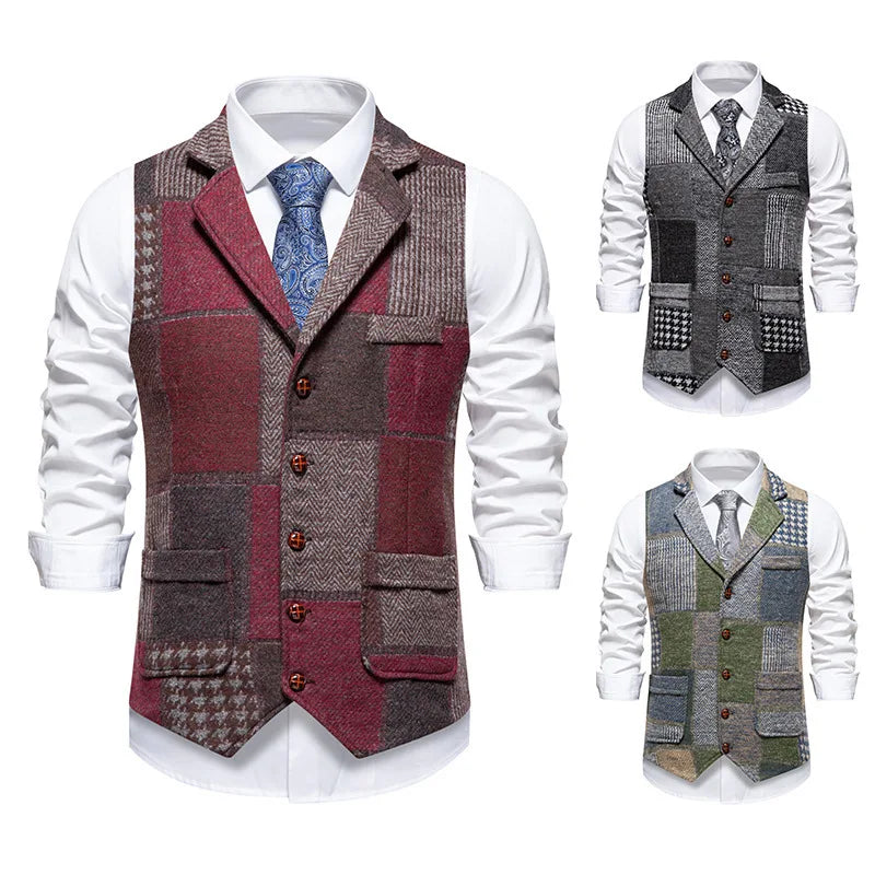 Men's Fashionable Retro Patchwork Collarless Plaid Vest Autumn Winter European Size Slim Fit Single Button Casual Youth Trend