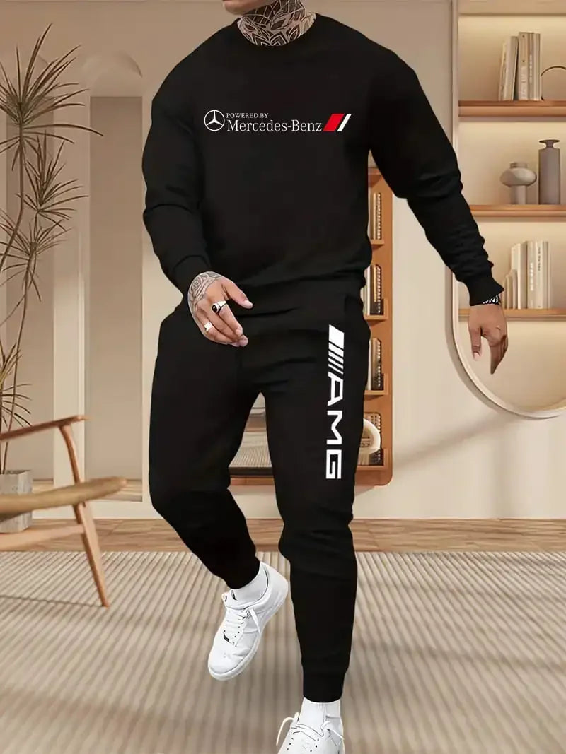 Mercedes-Benz Autumn Winter Set Men's Casual Versatile Printed Sweatshirt and Sweatpants Autumn Winter Cool Handsome Men's Long