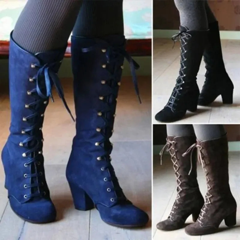 Roman Boots 2024 New Autumn and Winter Fashionable Lace Up Knight Boots Round Toe High-heeled Retro Women's Shoes Zapatos Mujer