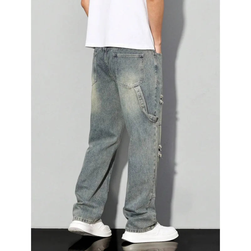 Men's Casual Denim Jeans Spring Autumn Winter Straight Leg Loose Fit Long Pants Double Belt Hole Pocket Daily Wear