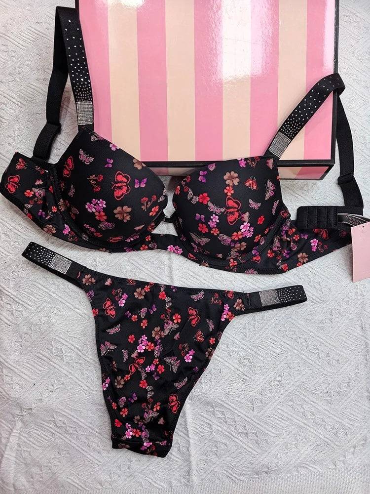 Rhinestone Sexy Women Bra Set Bralette Girls Underwear Brassiere Fashion Thong Gather Bras Lingerie Panty Sets