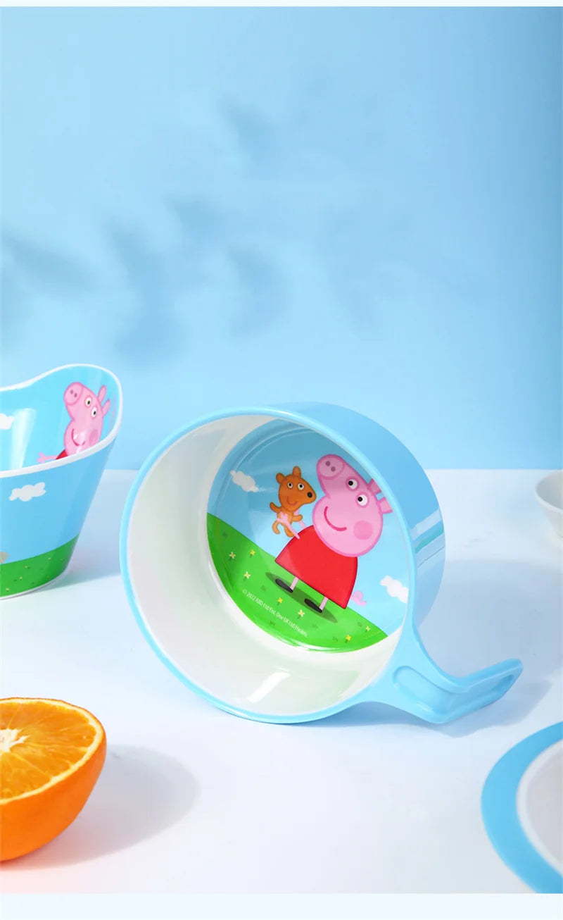 For Peppa Pig Tableware Cartoon Salad Bowl Anti-Fall Dining Plate Cup Spoon Baby Eating Double-ear Bowl Food-grade Divided Plate