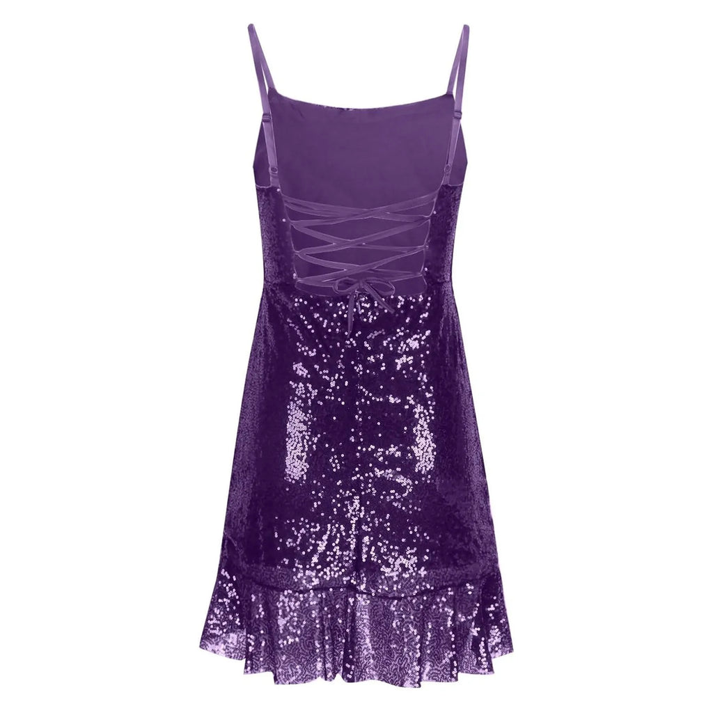 Sexy Slim Fitting Fashion Solid Color Sequin Back Cross Tie Ruffle Edge Sleeveless Suspender Irregular Hem Pleated Party Dress
